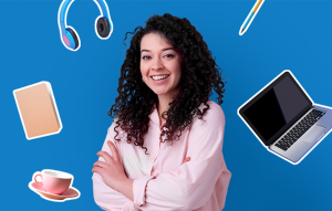 A woman smiling while various objects like a notebook, headphones, and laptop float around her.